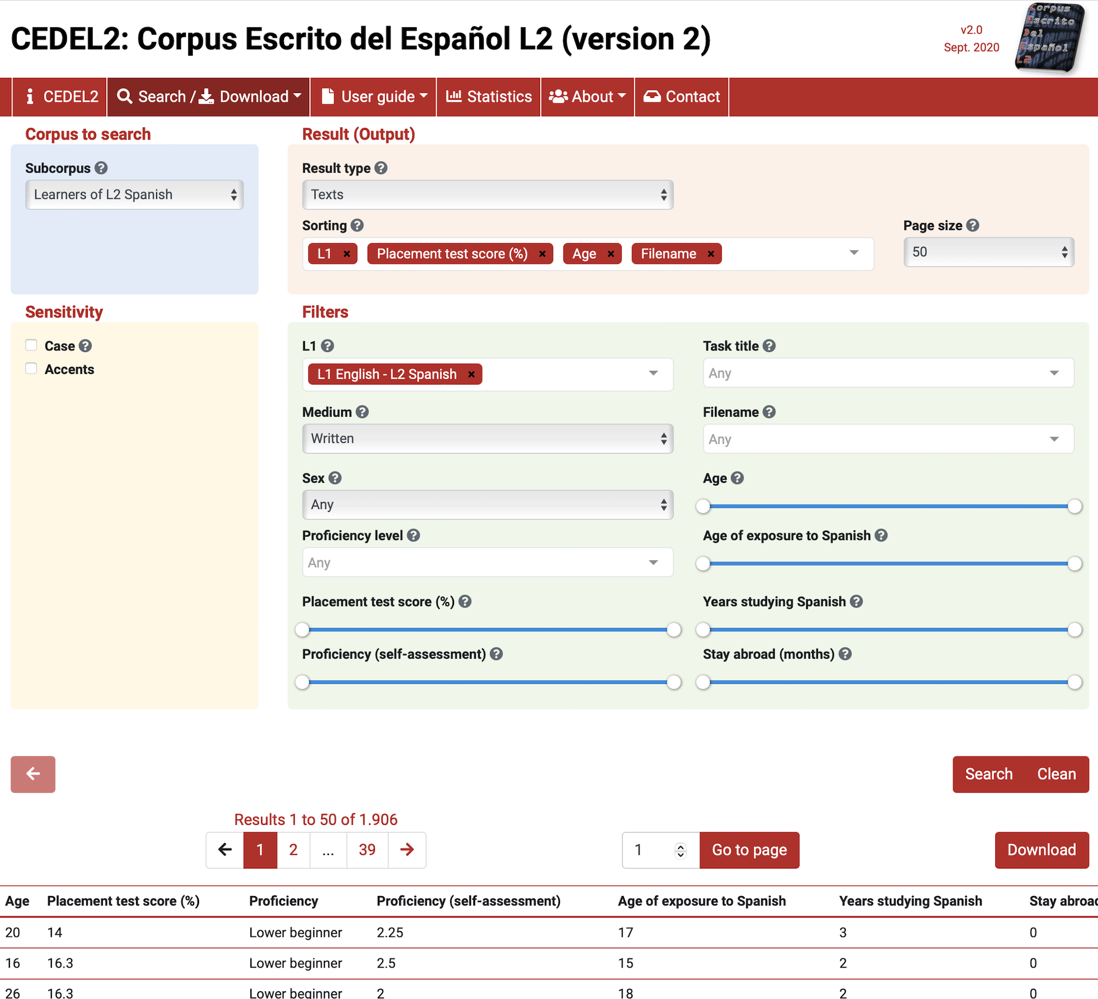 A view of the CEDEL2 Corpus search results. The results are displayed in a table with columns for the title, author, language, medium, and download. The download link is active for the search criteria 'L1 English - L2 Spanish'.